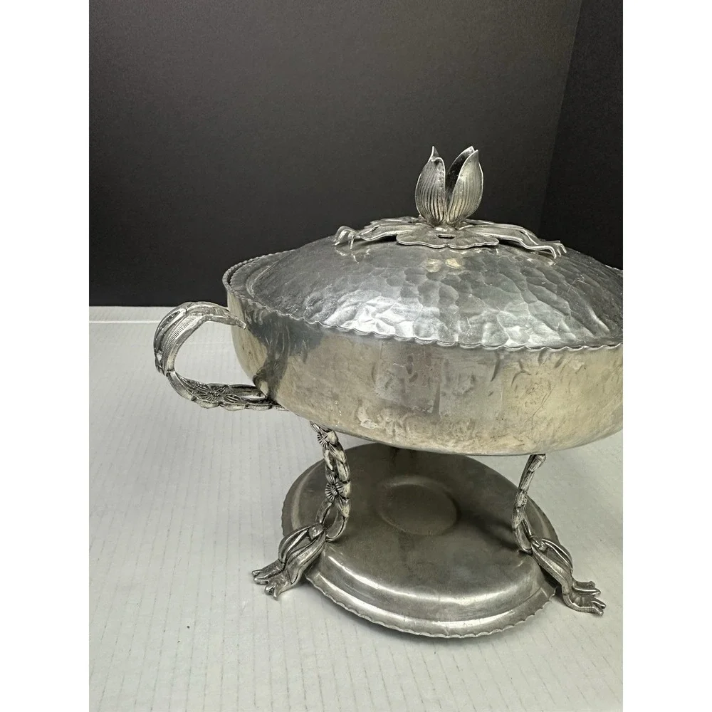 Vintage Hammered Aluminum 2 Qt Chafing Dish with Rose Design CIRCA 1950's